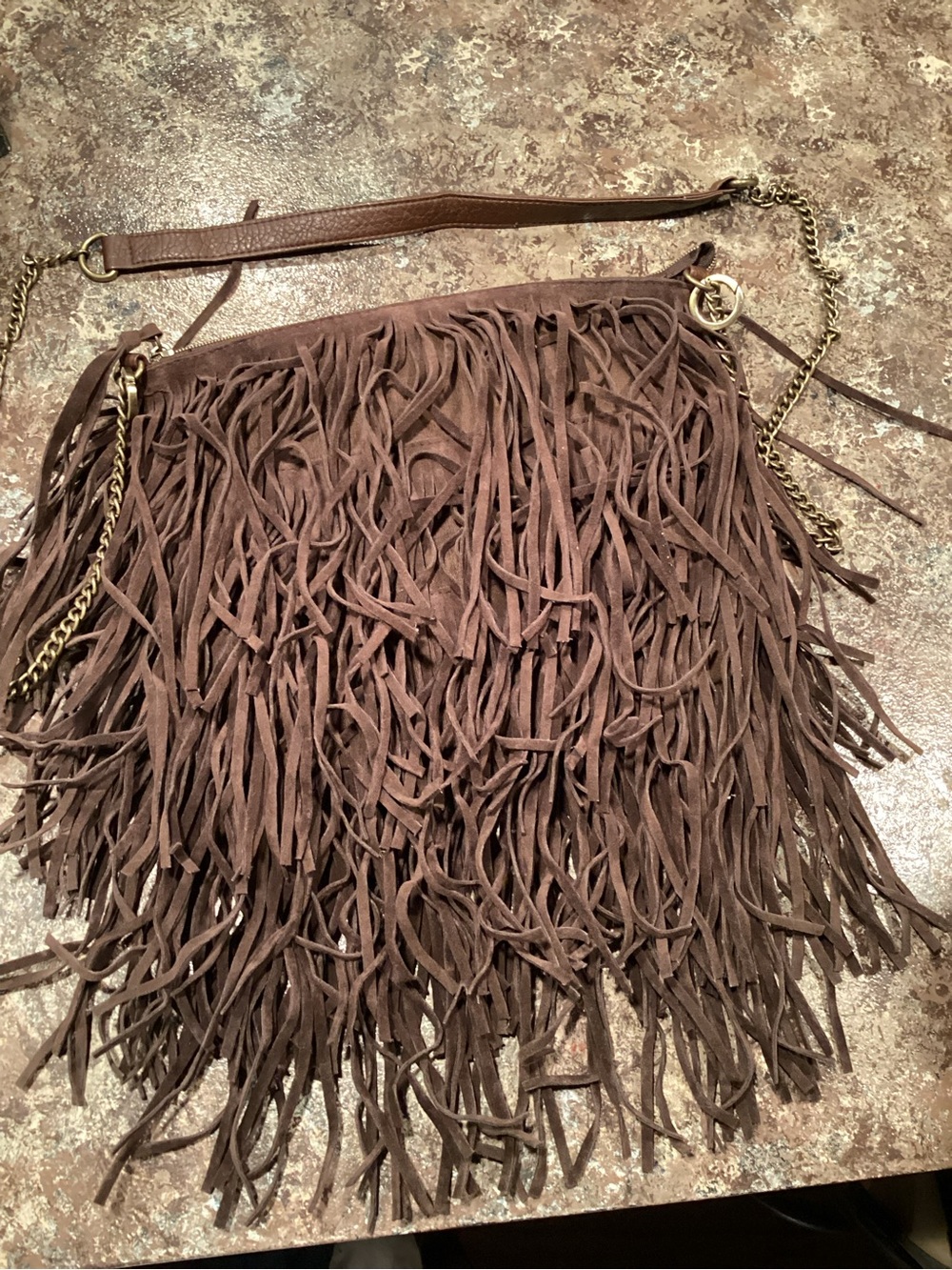 Women's Brown Fringe Crossbody Bag with Chain Accent